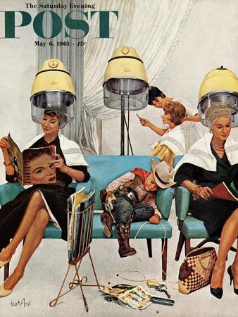 "Cowboy Asleep in Beauty Salon," Saturday Evening Post Cover, May 6, 1961 - Giclee Print, 12x16 "Cowboy Asleep in Beauty Salon," Saturday Evening Post Cover, May 6, 1961 - Giclee Print, 12x16