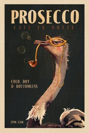 Cute Art Deco Prosecco Poster of an Ostrich - Giclee Print, 12x18