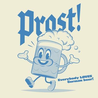 Happy Walking Retro Cartoon Beer with German Word Meaning Cheers - Photographic Print, 16x16