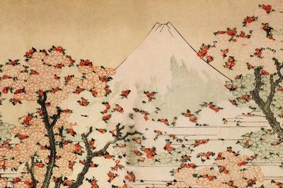 Katsushika Hokusai Mount Fuji Behind Cherry Trees and Flowers - Wall Art Print, 18x12