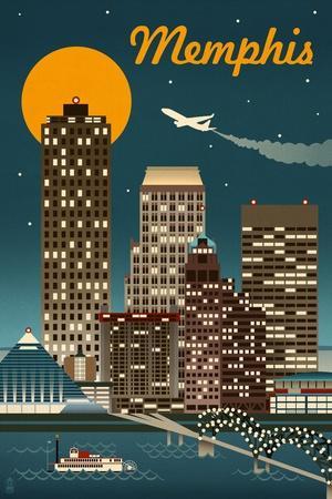 Memphis, Tennessee - Retro Skyline - Wall Art Print, 12x18 Memphis, Tennessee - Retro Skyline - Wall Art Print, 12x18