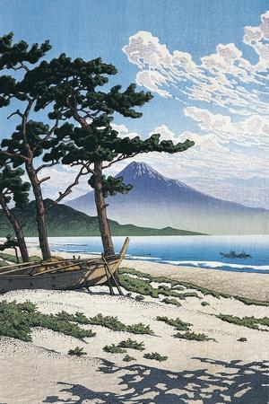 Pine Trees on the Beach with Mt Fuji in the Background, Japan - Giclee Print, 12x18