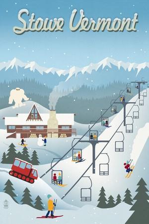 Stowe, Vermont - Retro Ski Resort - Lantern Press Artwork - Wall Art Print, 12x18 Stowe, Vermont - Retro Ski Resort - Lantern Press Artwork - Wall Art Print, 12x18